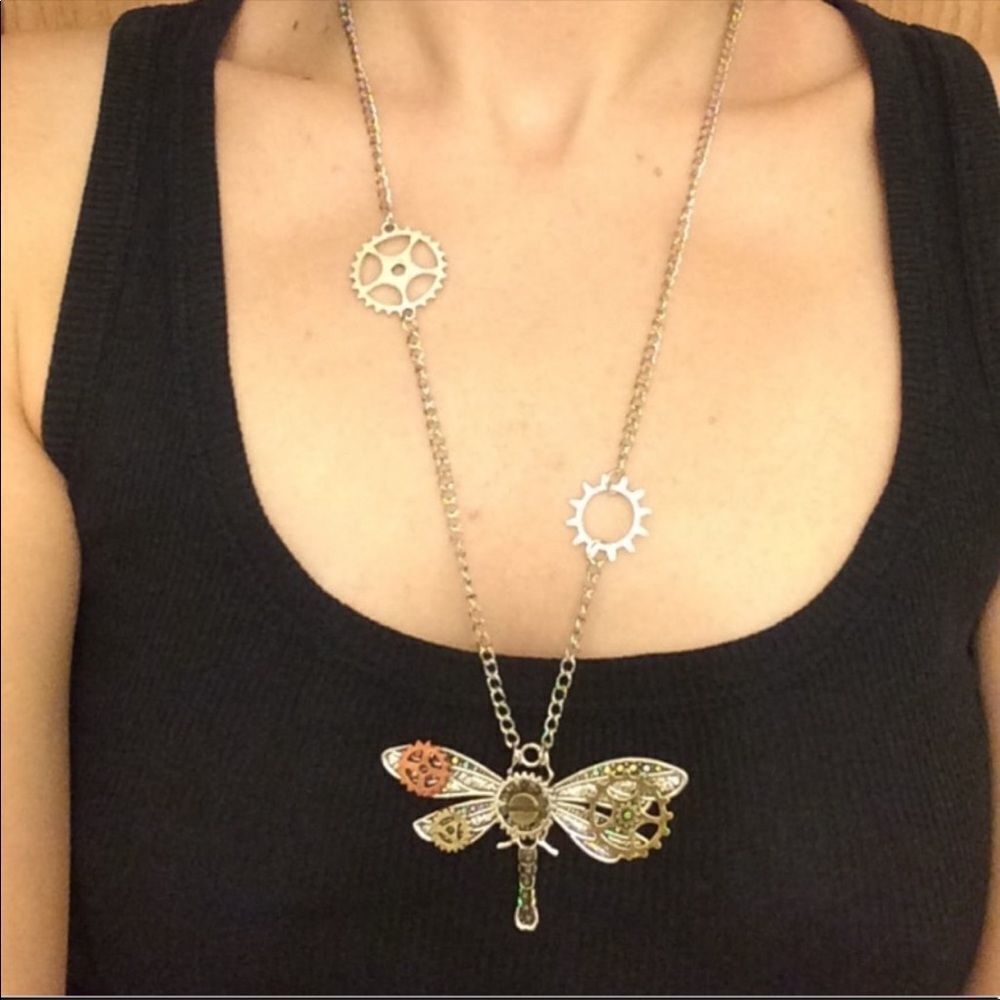 Steampunk Industrial Mixed Metal Gears Dragonfly Pendant Necklace NWT